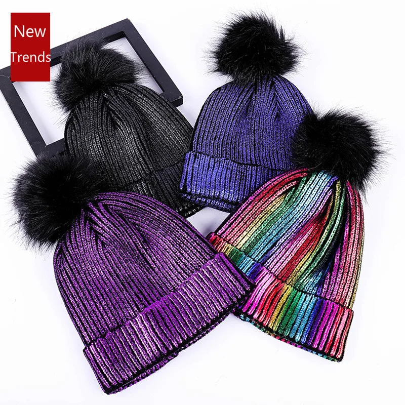 

New Knitted Women Beanies Hat Fur Pompom Paillette Bling Hat Winter Girl Keep Warm Bling Beanie Cap Chapeu Feminino Pom Pom Hats