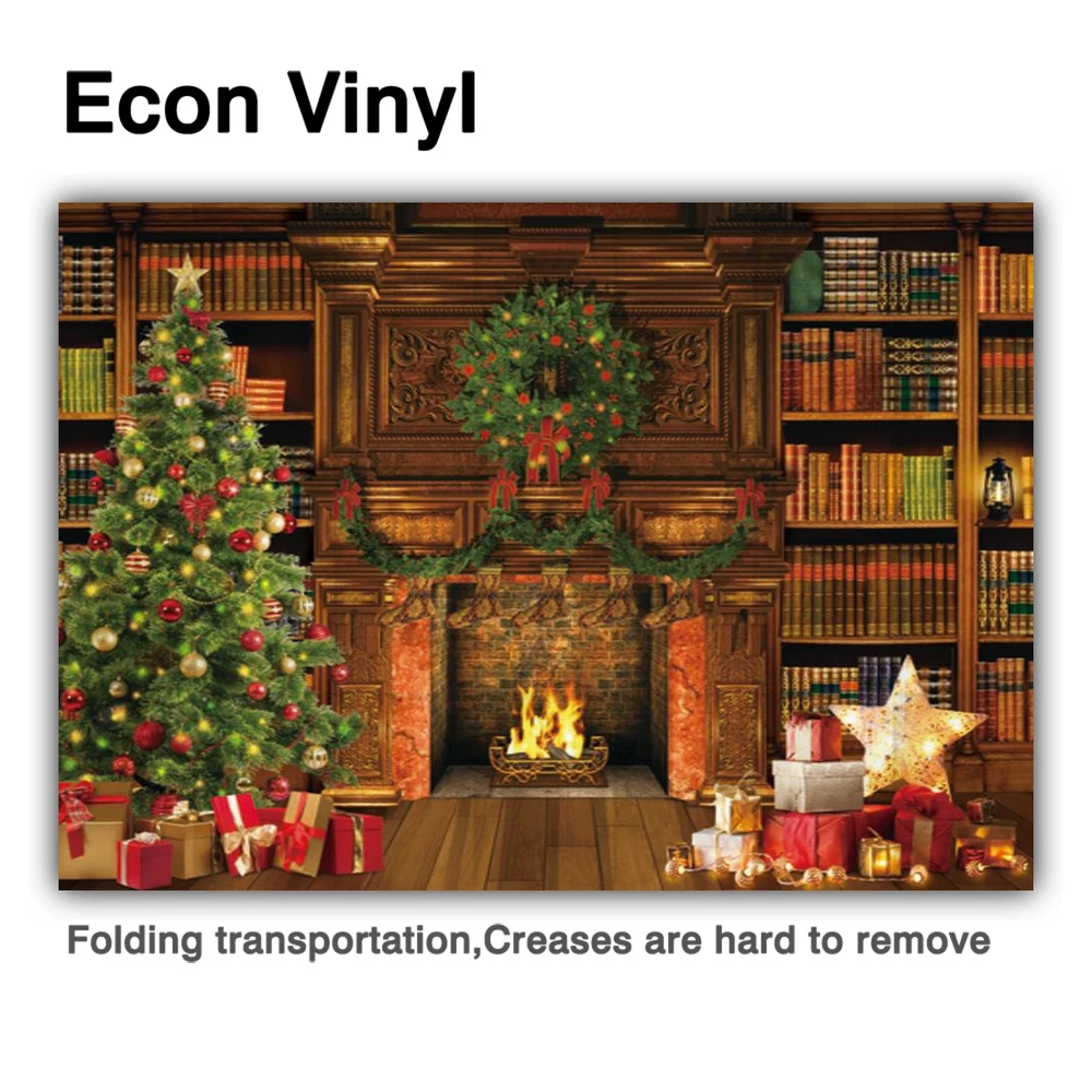 Allenjoy Christmas Fireplace Library Backdrop Bookshelf Merry Xmas Eve Pine Tree Background Holiday Party Supplies Decor Banner |