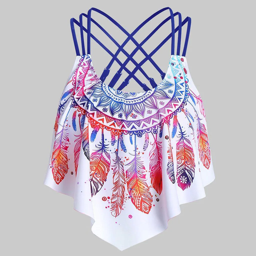 1pcs Top Women Bikini Overlay Flounce Crisscross Tankini Swimsuit Feather Print Strappy Padded Swim Bandage cross SwimWear |