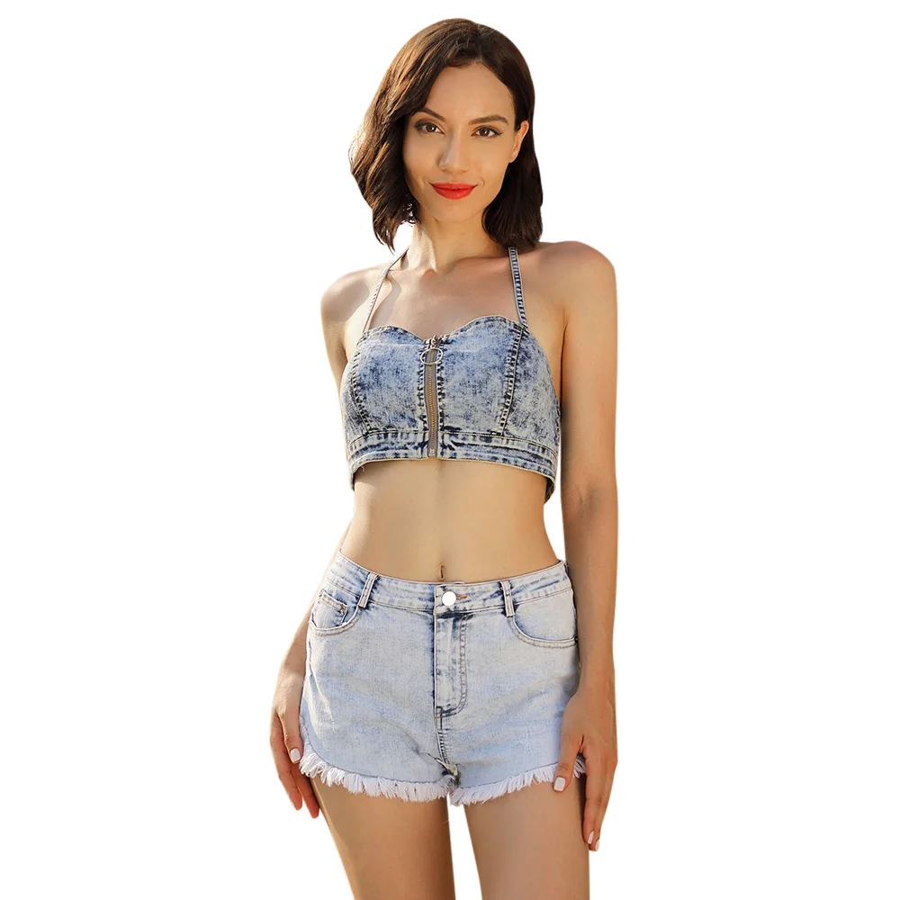 Женский Джинсовый укороченный топ голубой на молнии без рукавов и с открытой