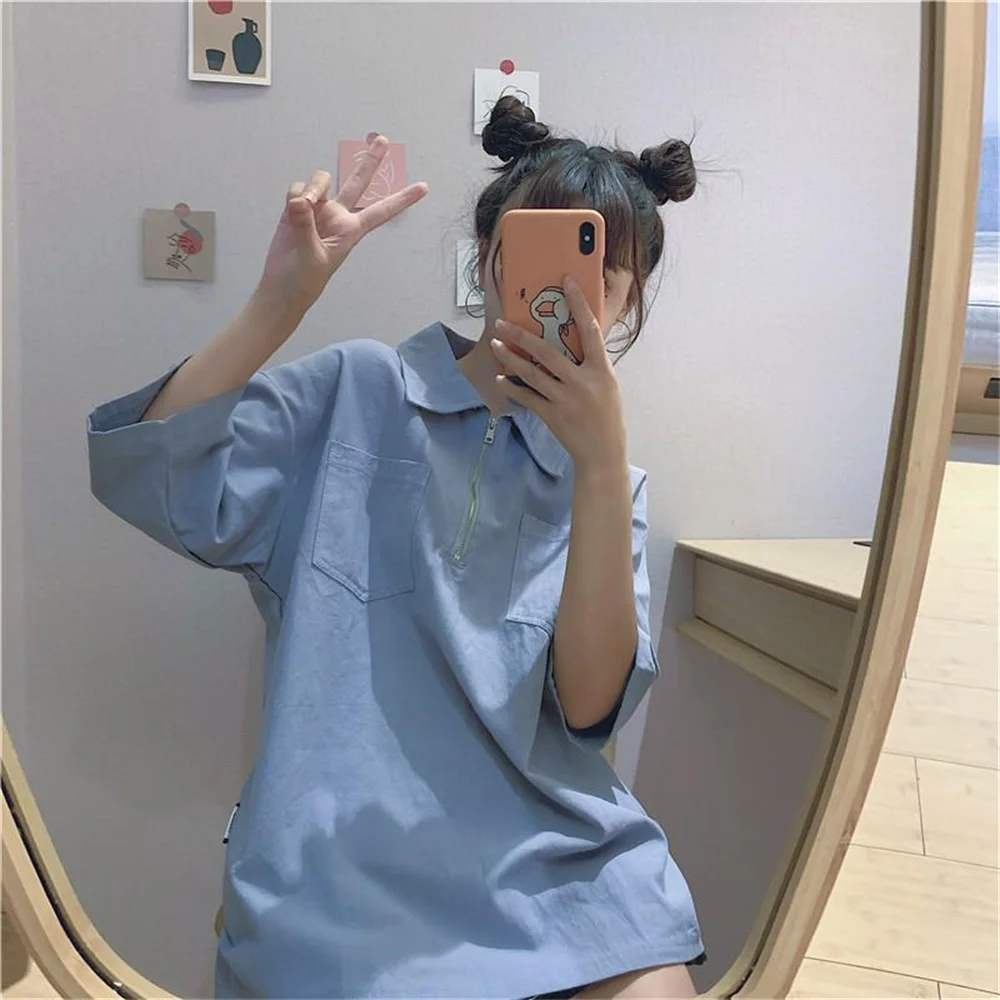 

Korean style Polo Shirt Women Soft Cotton Polo Trendy Clothes For Women Hip Hop Tops Girls Plus Size Lady Oversized Shirt