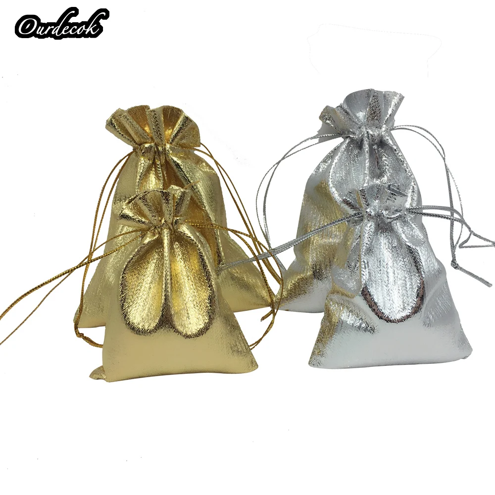 100 pcs серебряные золотые Цвет подарочные пакеты металлической фольги шнурок