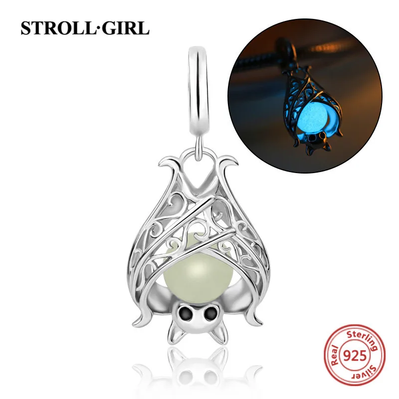 Strollgirl стерлингового серебра 925 животных bat светящиеся шарики DIY прелести Fit Authentic Pandora Браслеты кулон изготовления ювелирных изделий подарки