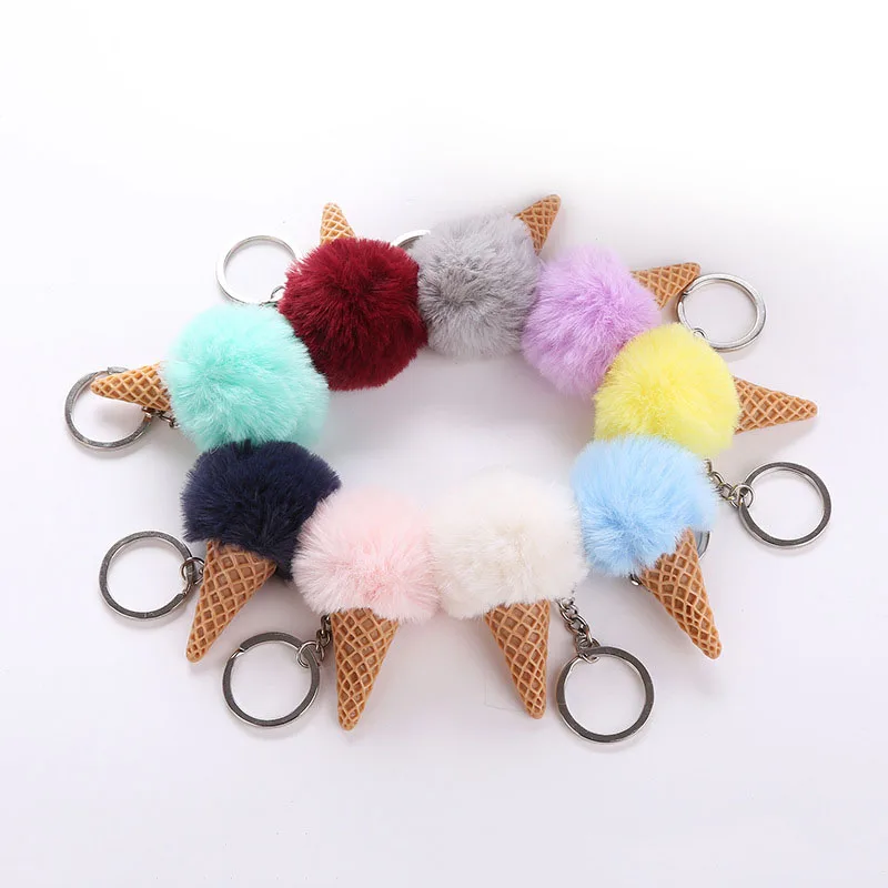 

Ice Cream Keychain Bag Cartoon Plush Pendant Cone Car Keychain Ring Hair Ball Creative Gift Women Accessories Keyring Key Tag