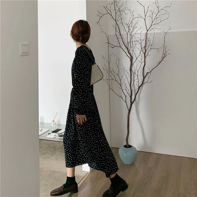 

Vintage Polka Dots Print Mid-length Dress for Women Spring Long Vestidos O-neck Full Sleeve Loose Female Dress 2021