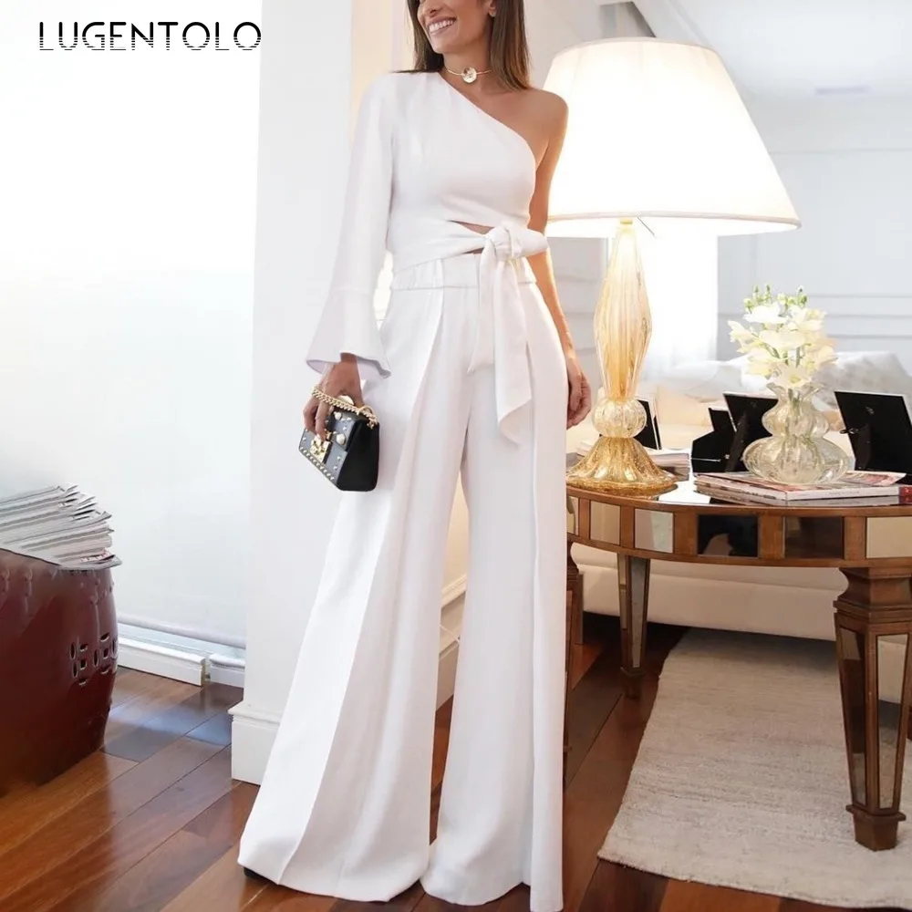 

Lugentolo Two Piece Set Jumpsuits Women 2020 New Fashion One Shoulder Sleeve Lace Up Solid Straight Office Lady Women Rompers