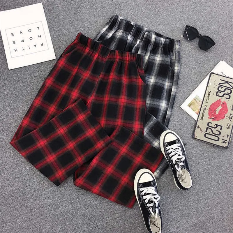 

NEW Harajuku Streetwear Plaid Pants Women High Waist Summer Loose Wide Leg Pants Korean Hip Hop Pants Trousers Women Pantalon NE