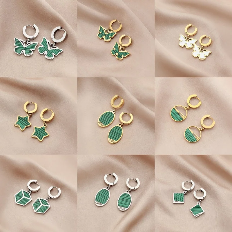 

Fashion Green White Color Stone Shell Pendant Earrings for Women Ladies Oval Star Butterfly Dangle Earrings Chic Accessories
