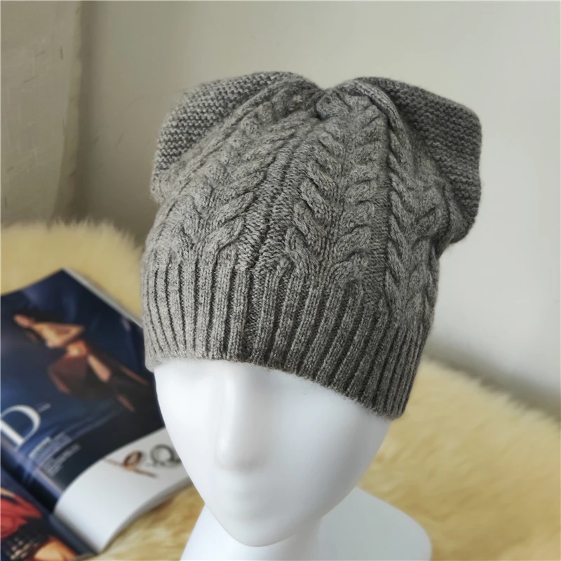 

Cat Ear 100% Cashmere Hat Women Winter Knitted Warm Beanies Thicken