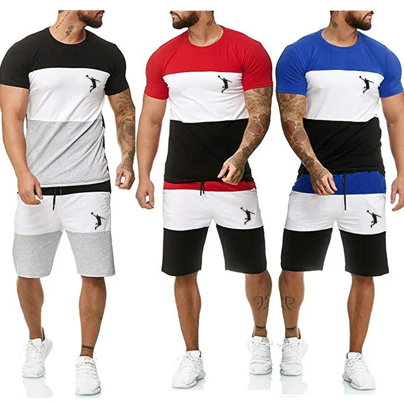 

Mens Clothes Summer Patchwork Tracksuit Short Sleeve 2 Piece Sports Workout Clothing Men Shorts Set Tshirt and Shorts Set