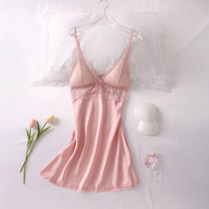 Satin Nightgown Women Sexy Suspender Skirt Sleepwear Silky Spaghetti Strap Nightdress With Lace Nightwear Home Wear Night Shirt