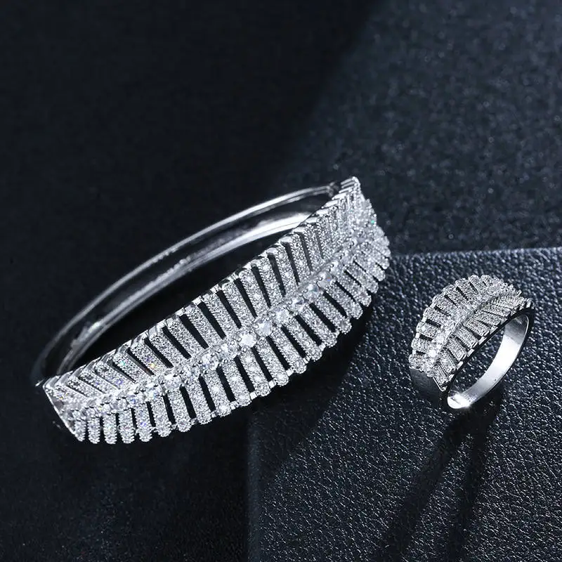 

Women Jewelry Set Luxury Plant Hollow Out sliver Gold Color Cubic Zirconia Ladies Bangle Rings Sets Dress Accessories