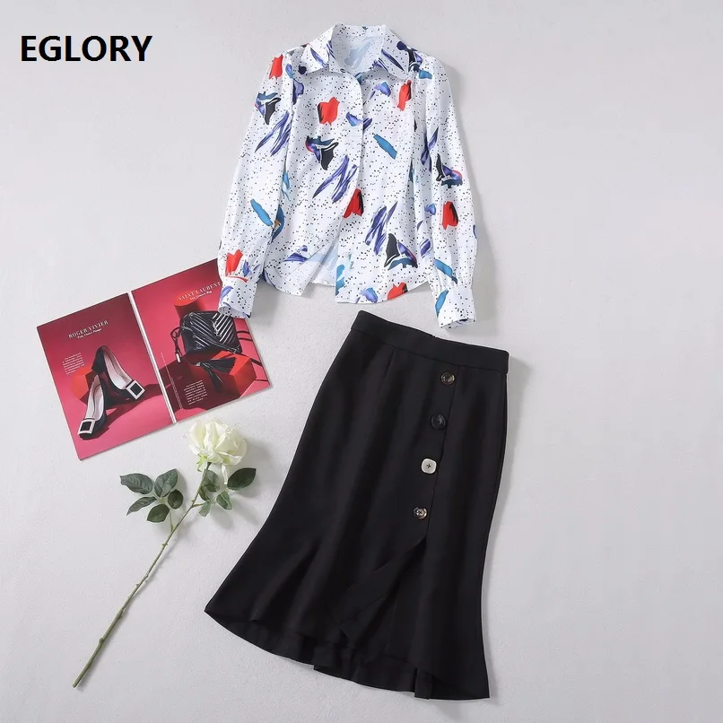 

High Quality Skirt Suits 2020 Autumn Style Women Polka Dot Floral Print Long Sleeve Shirts+Button Deco Mermaid Skirt Sets 2pc