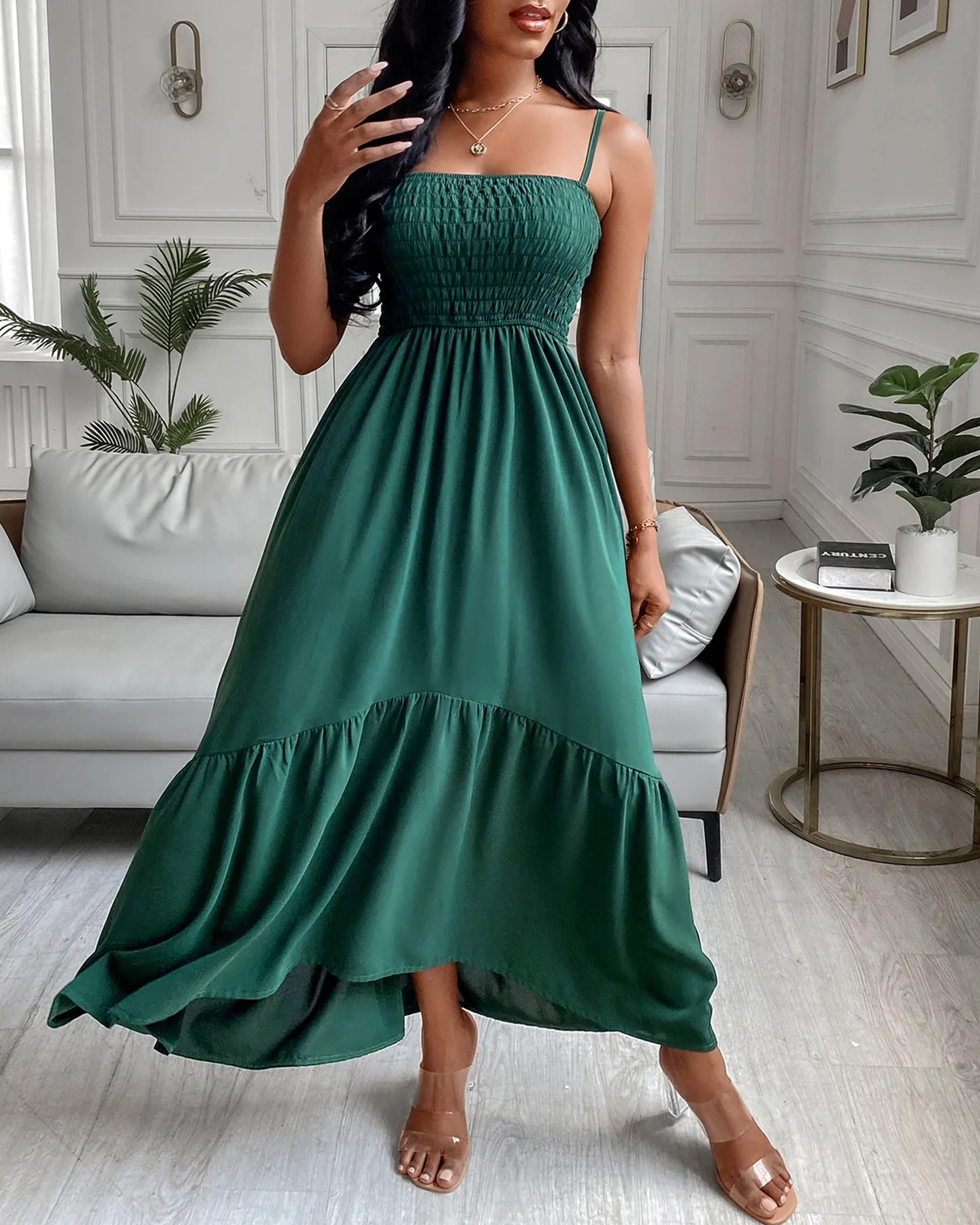 

Women's Solid Color Shirred Cami Dress Pleated Hem Skirt