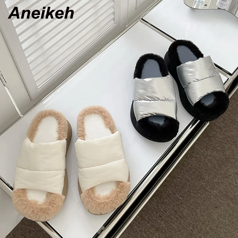 

Модные женские домашние тапочки Aneikeh из пушистой ткани, лето 2021, низкая плоская подошва, лаконичные Женские однотонные Нескользящие туфли