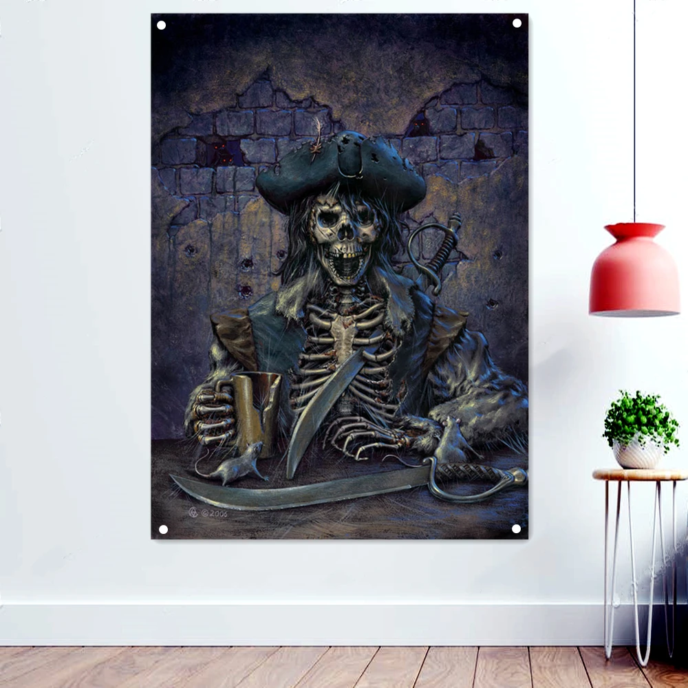

Skull with Knife Poster Wall Chart Tapestry Home Decoration Pirate Flag Banner Festival Activities Quality Polyester Decorative