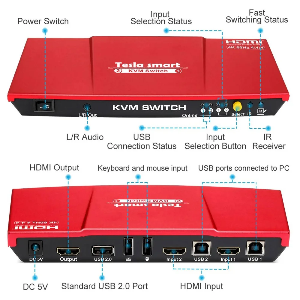 Tesla Smart высококачественный HDMI 4K@60Hz HDMI KVM переключатель 2 порта USB KVM HDMI переключатель поддержка 3840*2160/4K*2K дополнительный USB 2.0 порт красный