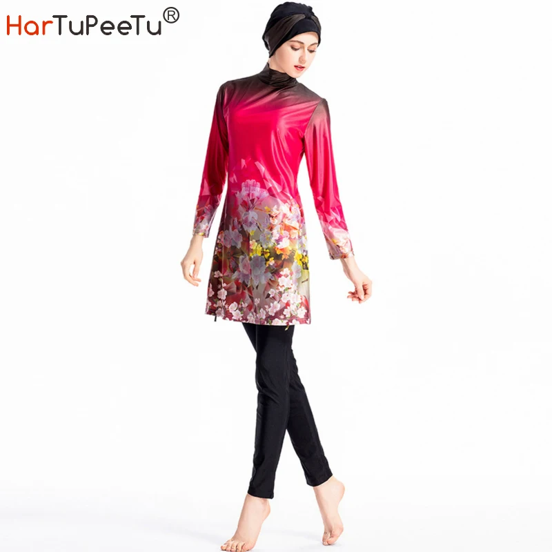 

Woman Swimsuit Burkini Flower Print Conservative Swimwear Muslim Islamic Women's Swim Surf Wear Modest Beach Bathing Suit 3in1