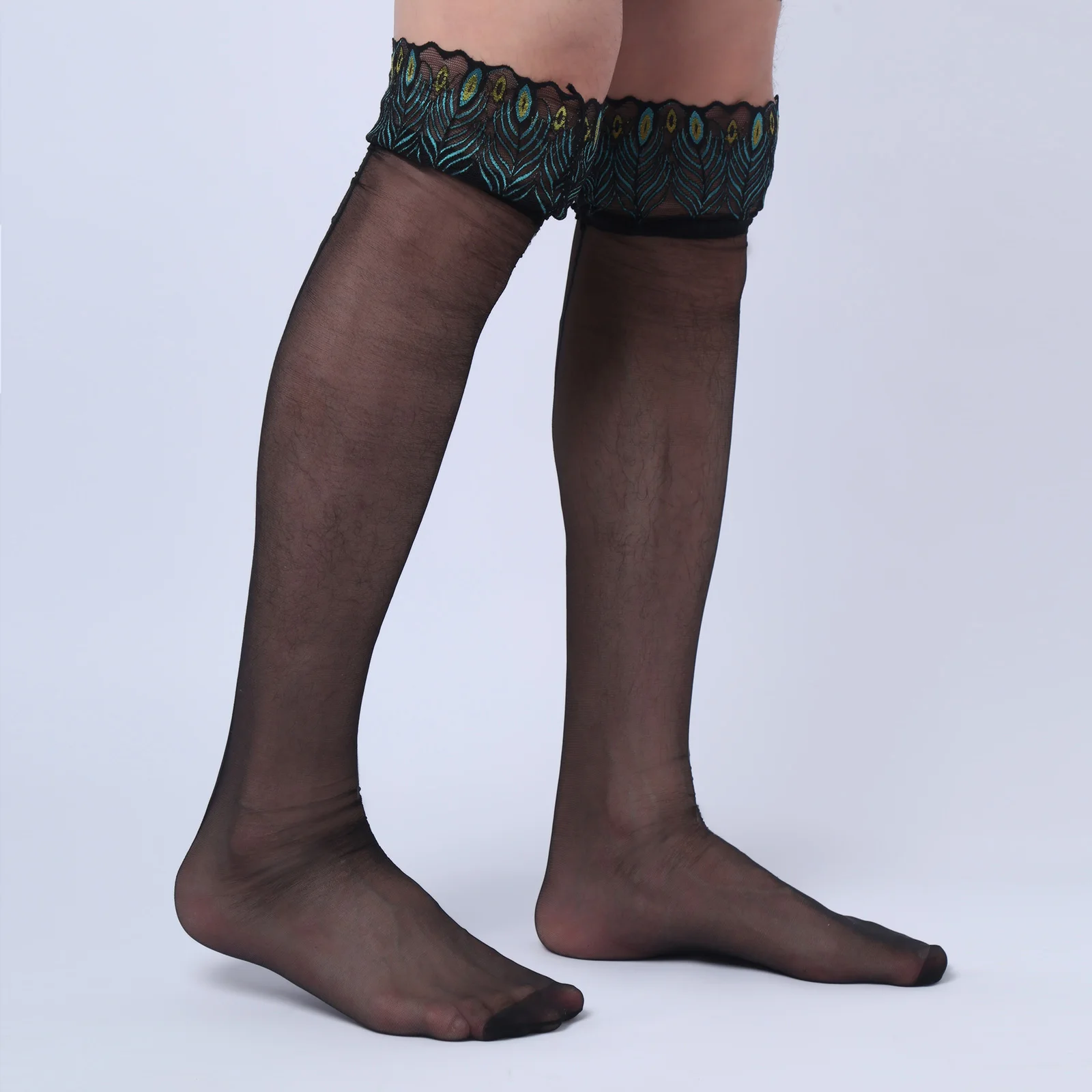 

Homme Men Socks Fashion See Through Peacock Edge/Striped Sock Sexy Sheer Long Stockings Lingerie Hombre Cosplay Party Costumes