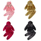 От 1 до 6 лет осенне-зимние комплекты одежды для маленьких девочек, бархатный лоскутный пуловер с капюшоном и блестками, топы и брюки, 4 цвета