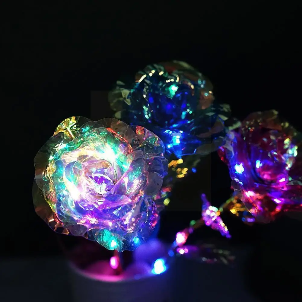 

24k Lasts Plated Gold Rose Leaf Flash Glow Bouquet Wedding Day Mother Flower Lighting Forever Valentine's Love Lover M8Y7