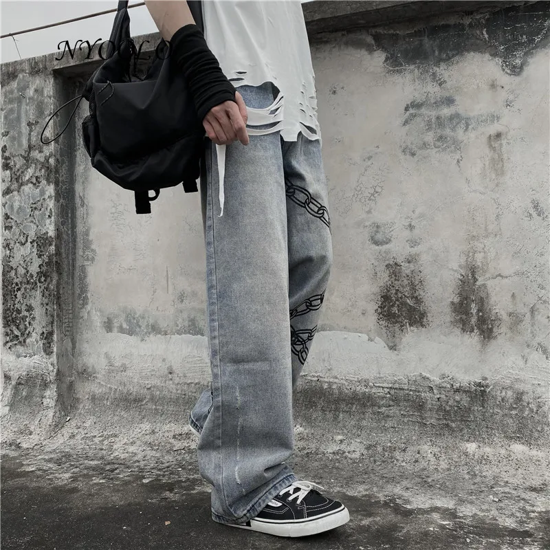 

NYOOLO Vintage Streetwear Chain Print Y2K Washed Jeans Women Men Casual Hip Hop Punk Full Length Baggy Straight Denim Pants