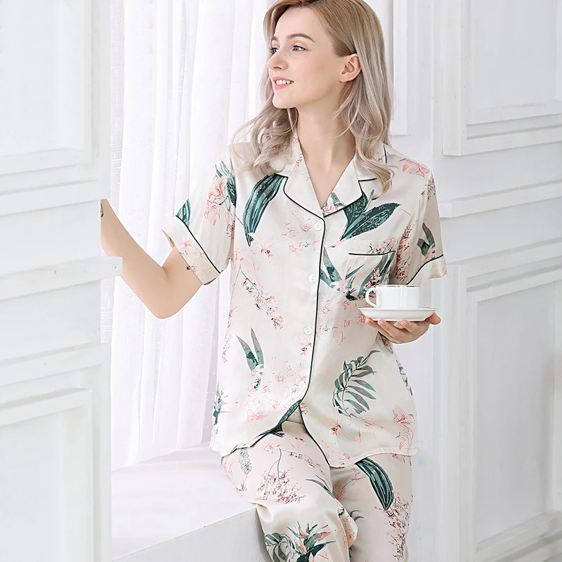 Fashon New Fresh 100% genuine silk Flowers pajamas sets women sleepwear Korean sexy Elegant fashion pure silk womens pyjamas T01