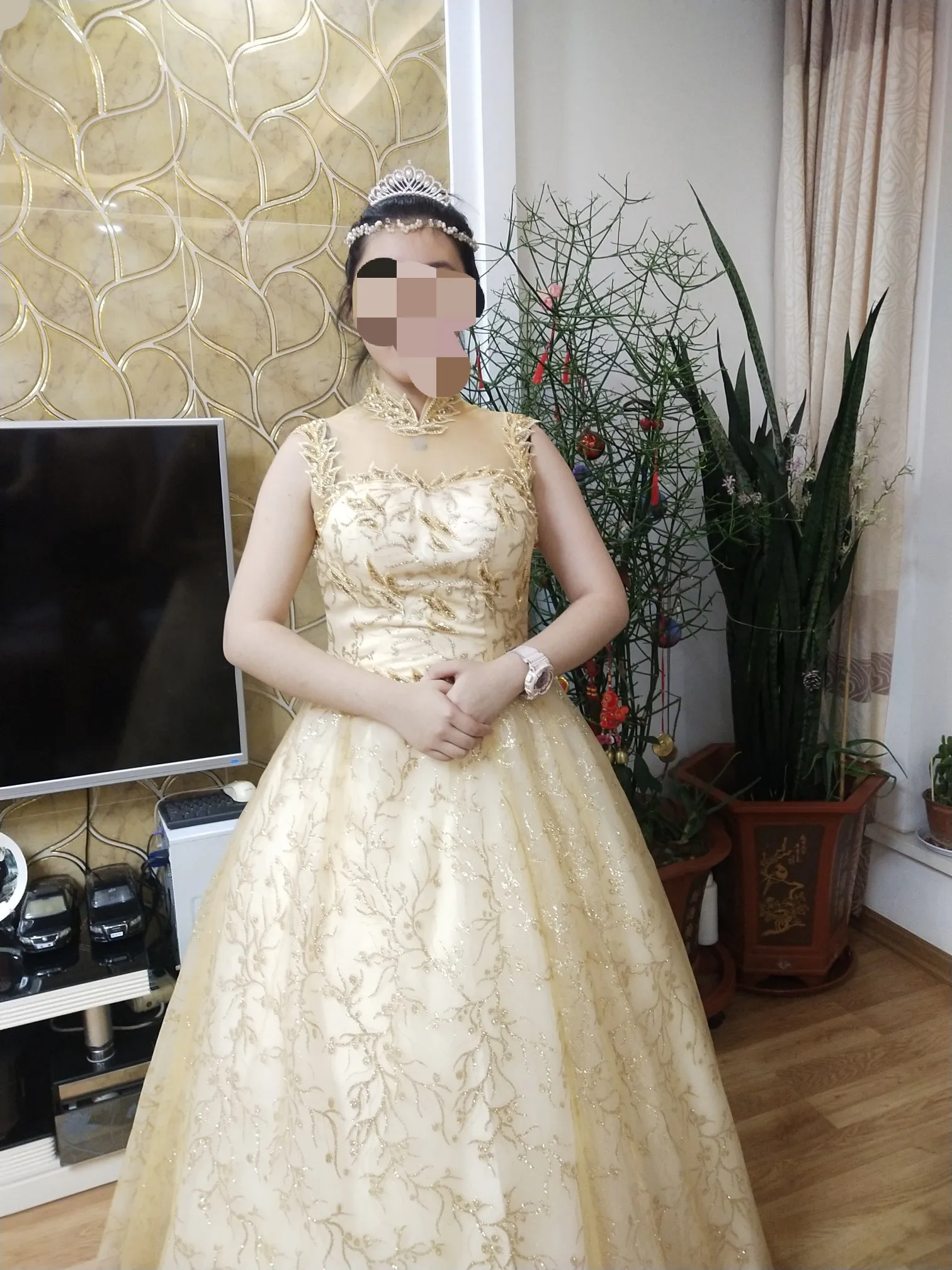 Золотые вечерние платья бальное платье с высоким воротом Тюлевое кружевное