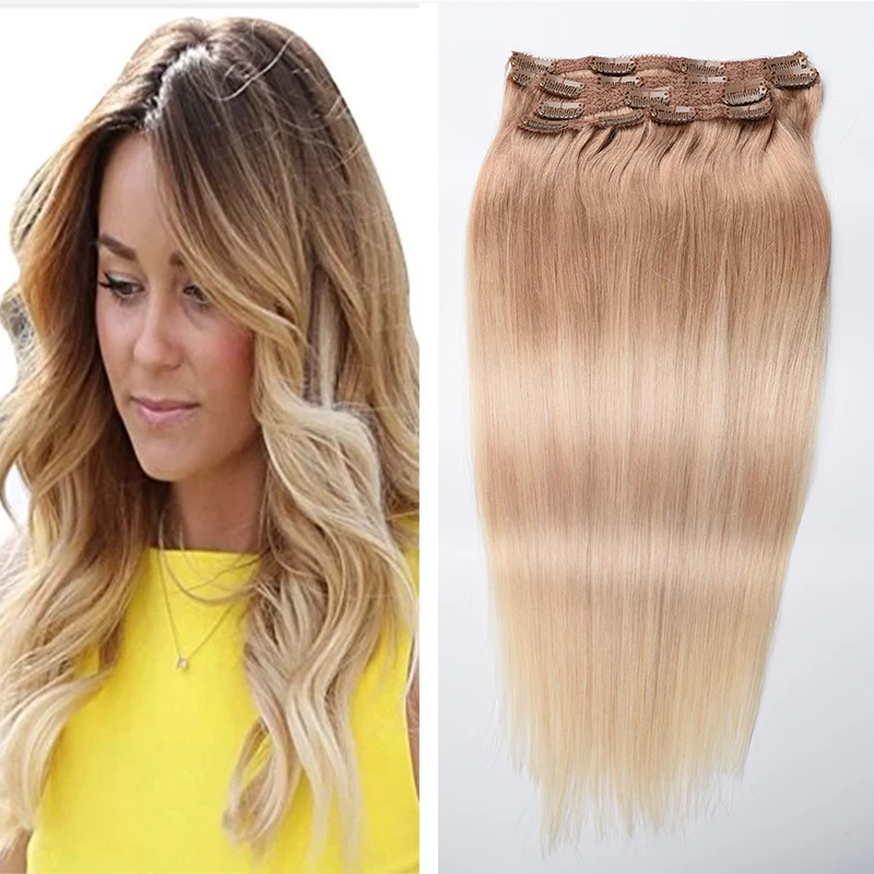 6 Pcs Clip Hair 100% Machine Made Remy Human Hair Dip Dyed Extensions
