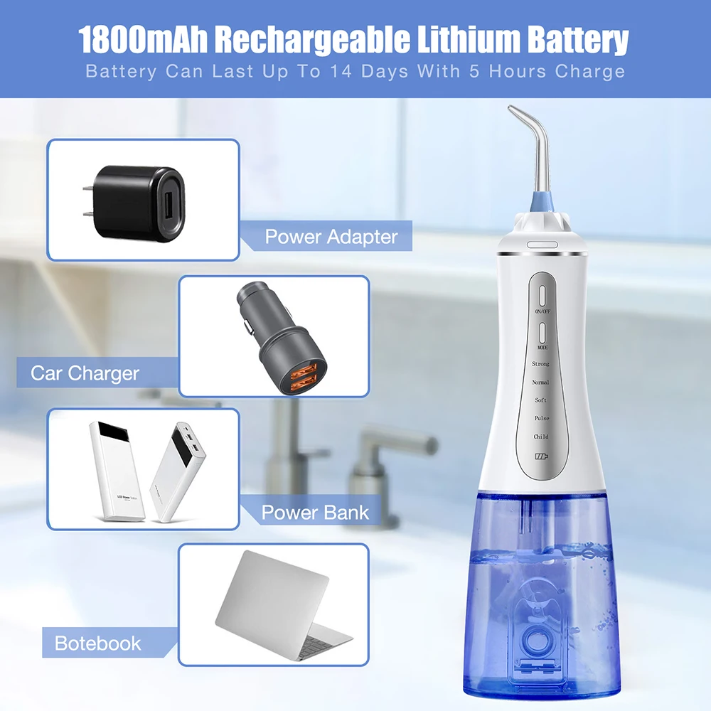 

Oral Irrigator Dental Water Jet Water Flosser For Home Teeth Whitening Cleaner Care Tooth Picks 350ML Tank 5 Nozzles Waterproof