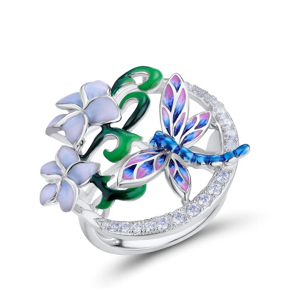 

Vintage Rings For Women Antique silver plated Crystal Zircon Ring Enamel Epoxy Flower Indian Jewelry Ring Girls Ladies Gifts