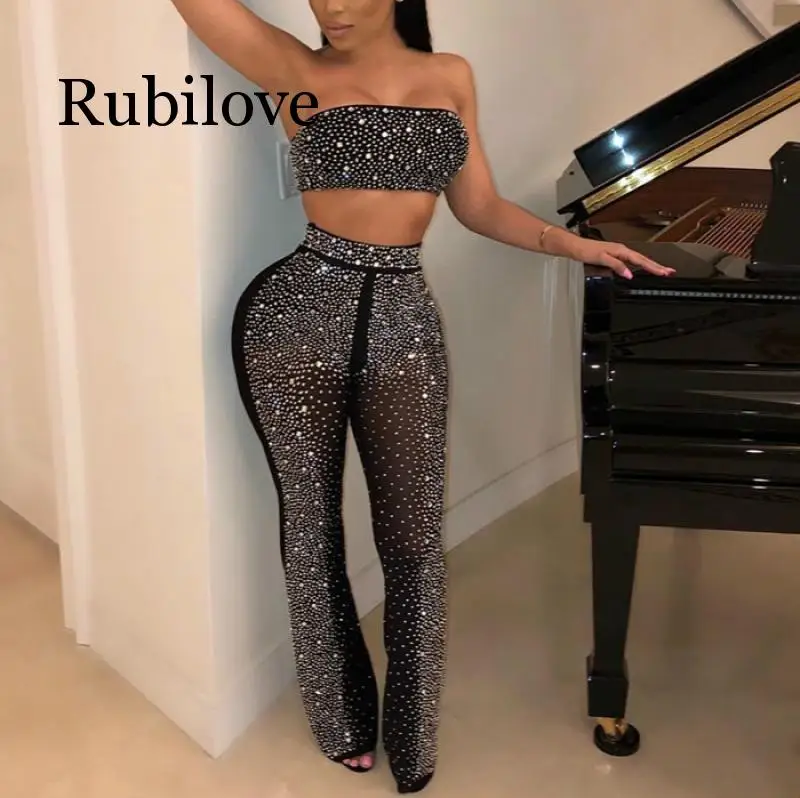 

Привлекательный блестящий топ с открытыми плечами, без бретелек и прозрачные брюки, элегантный наряд, костюм-двойка, Женский комплект 2 шт.