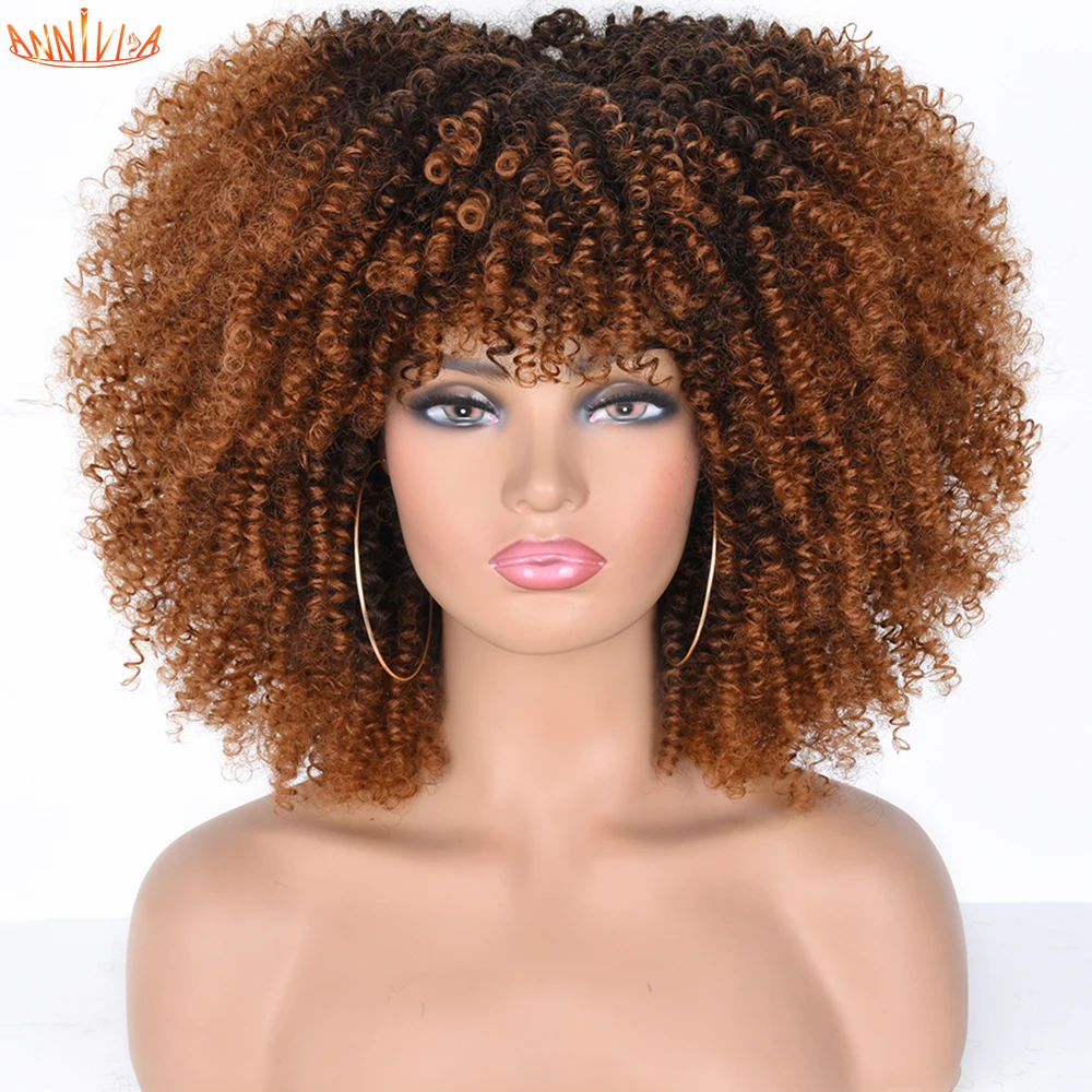 

Short Afro Kinky Curly Wigs With Bangs For Black Women Blonde Mixed Brown Synthetic Cosplay African Wigs Heat Resistant Annivia