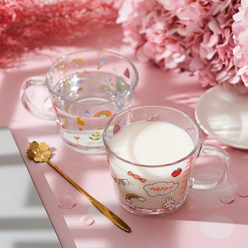 

Children's Glass Milk Cup Baby Cartoon Feeding Training With Lid Drinking Water Creative Breakfast Kettle Tableware Coffee Juice