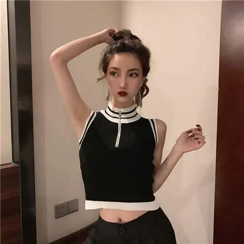 

Heydress Women Knitting Front Zipper Turtleneck Tank Crop Tops Female Patchwork Camisole Cropped Sleeveless Short T-shirts Tees