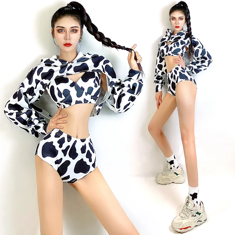 

Female Group Jazz Pole Dance Costumes Nightclub Gogo Dancer Stage Performance Cow Print Bikini Suit Women Rave Outfits DWY6259