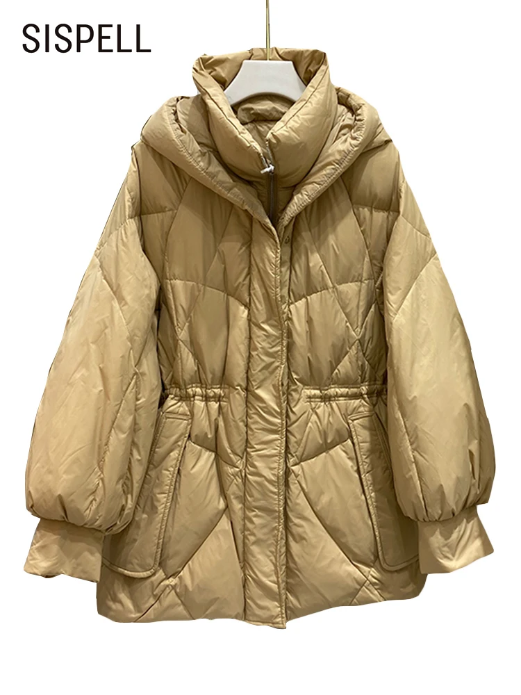 

SISPELL Khaki Casual Winter Coats For Females Lapel Long Sleeve Loose Solid Minimalist Jackets Women's 2021 Fashion New Clothing