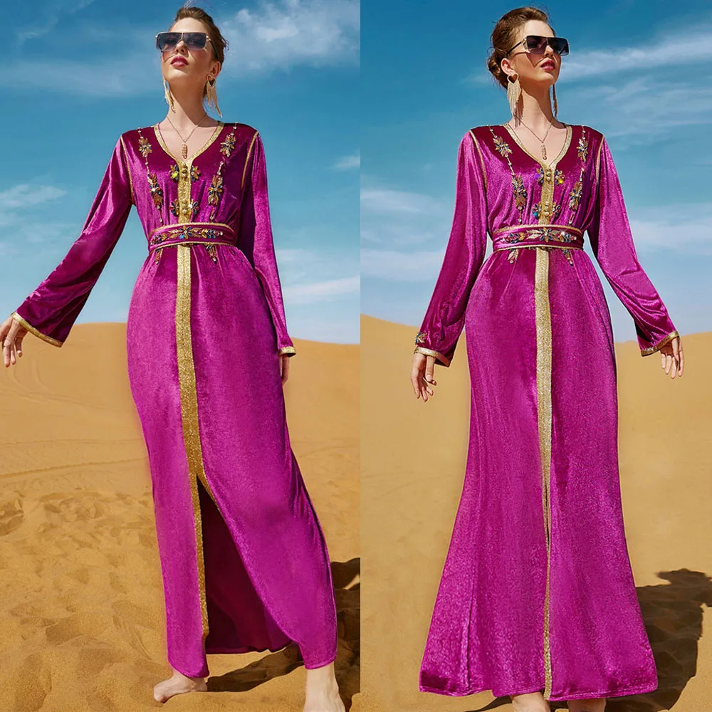 Дубайский кафтан, мусульманское бархатное длинное платье, женское исламское роскошное вечернее платье стразы, Марокканское платье на Ближ...