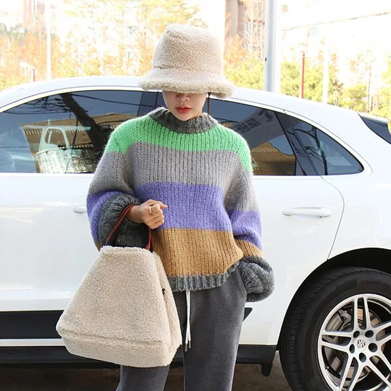 

Women's Sweaters 2020 New Design Colorful Stripes Striped FZ064 Sweet Casual Comfortale Knitted Warm Ladies Pullover Tops