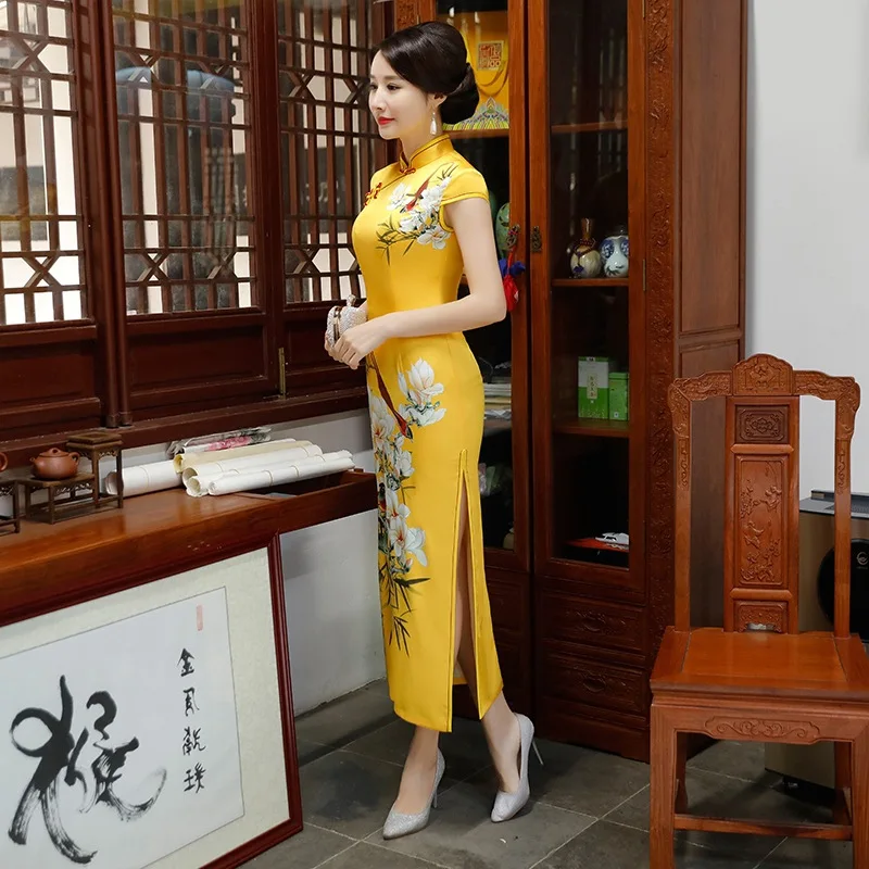 Желтое винтажное вечернее платье свадебное невесты традиционный Ципао