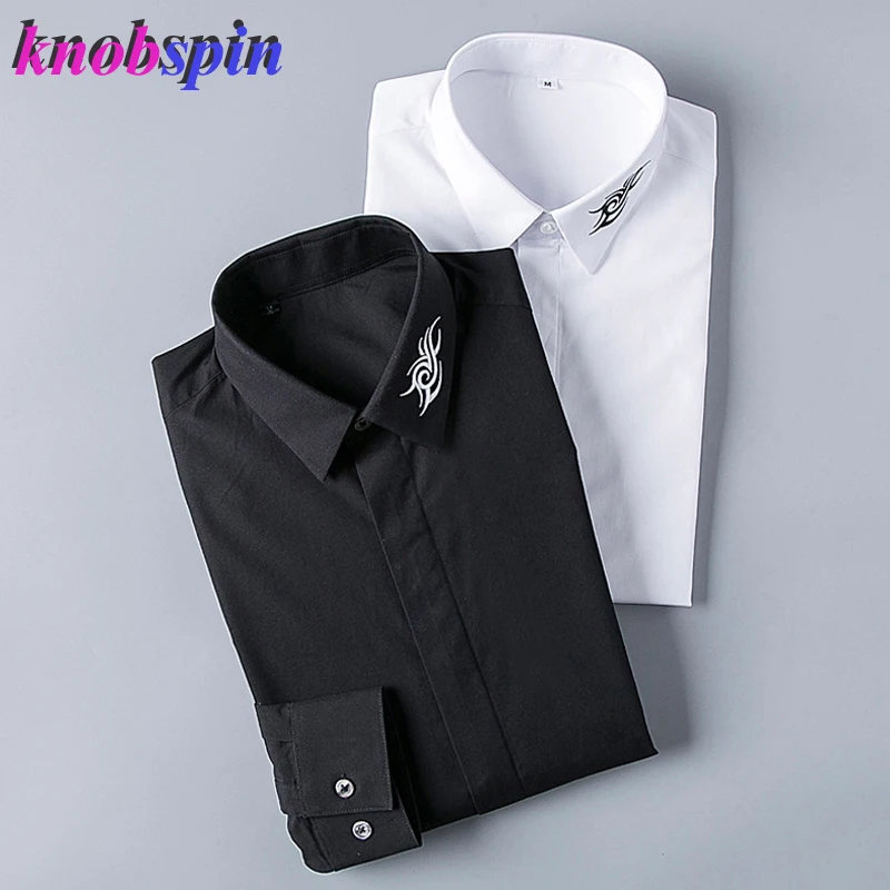 

Europe Fashion Brand Men Shirt 2019 Elegant Embroidery Long sleeve Chemise homme Turn down collar Slim Camisas social masculina