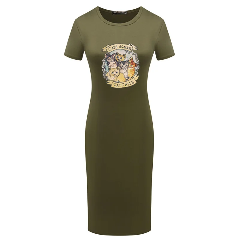 

Summer Clothes Women Kawaii Cat Print Bodycon Dress Short Sleeve Robe Sexy Elegant Robe Vintage Pencil Wrap Dresses