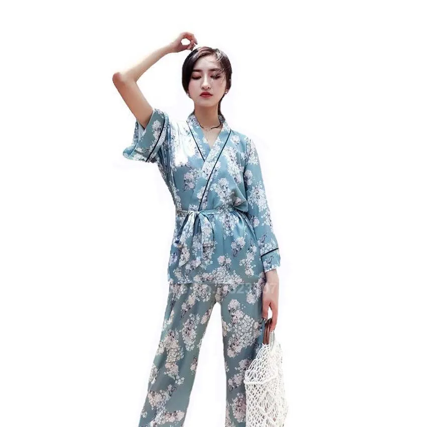Пижамный комплект женский с V образным вырезом юката в японском стиле цветочным