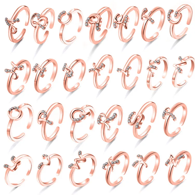 

Milangirl Classic Hollow A-Z Letter Gold Color Crystal Adjustable Opening Ring Initials Name Alphabet Wedding Jewelry for Women
