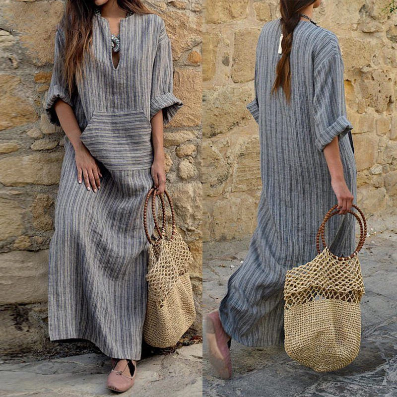 CHICEVER Vintage Striped Dress For Women V Neck Half Sleeve Loose Plus Size Autumn Long Dresses Female Clothes Fashion New | Женская
