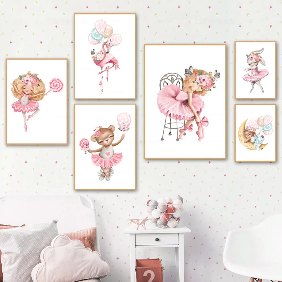 Розовая девушка медведь Фламинго Кролик Кот воздушный шар настенная Картина на