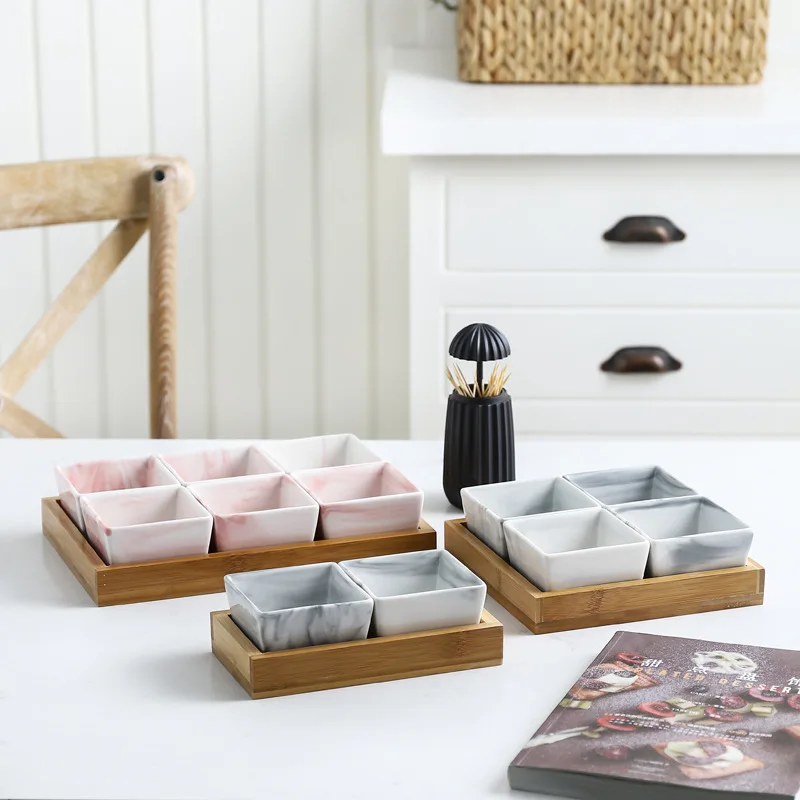 

Marble Salad Bowl Texture Ceramic Fruits Platter Dish Plate Porcelain Snacks Candy Nut Desserts Eco Bamboo Tray Set