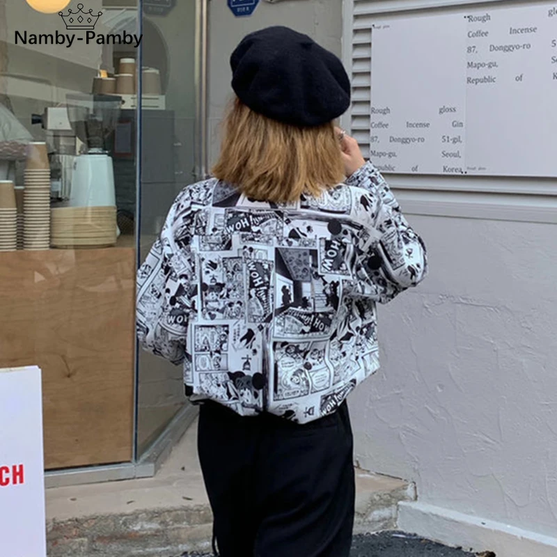 

2021 streetwear harajuku blouse couple shirt women anime print blouses bf long shirts spring autumn turn down collar casual tops