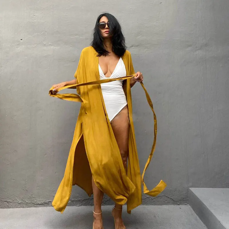 

Solid Beach Cover Up Short Sleeve Loose Split Dresses for Women Sun Protection Swimsuit Cover Ups Bandage Beachwear Summer