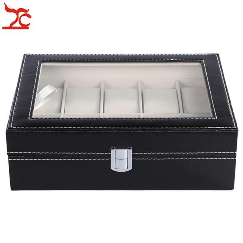 10 Slots Grid Black PU Leather Watch Case Jewelry Wristwatch Bracelet Storage Organizer Box Locked Caixa Para Relogio | Всё для